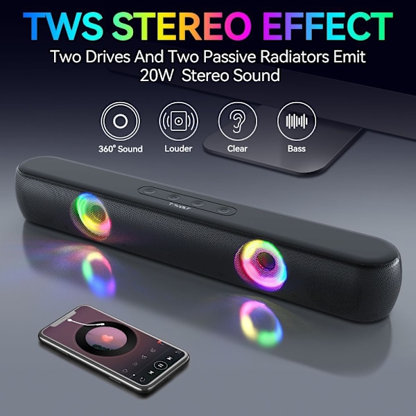 Kristallklart Ljud Kompakt Ljudlimpa för Skrivbord, Trådlös Stereohögtalare för Streaming från Smartphones, Stark RGB-belysning för Drömsk Atmosfär, USB