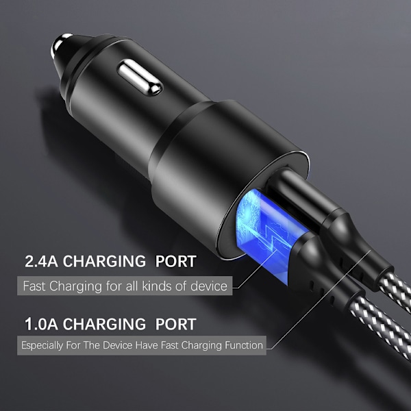 MFi-certifierad billaddare, snabb billaddare för snabb laddning på resande fot, dubbel USB smart ström för optimerad laddning, Lightning flätad kabel