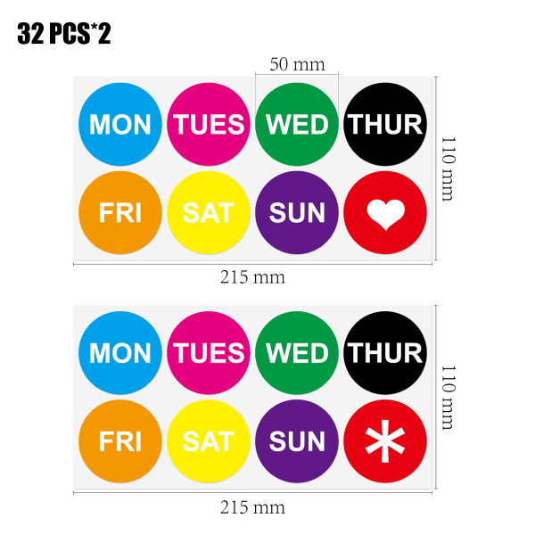 7 dagar i veckan Etiketter Färgkodning Dot Round Självhäftande