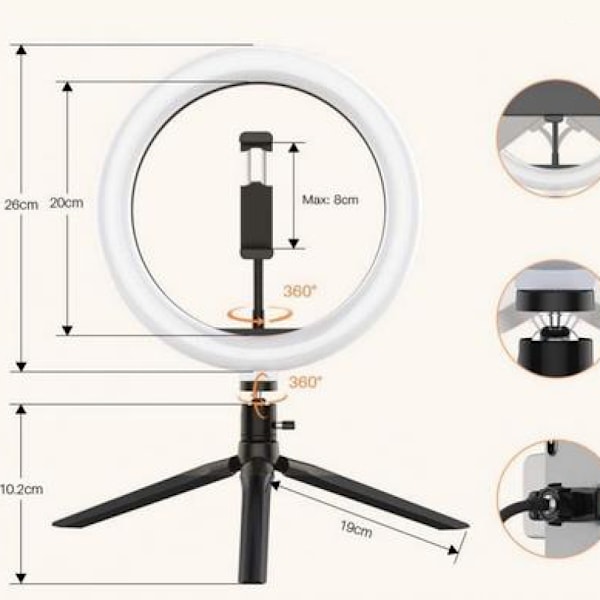 Ring Light med 360 graders roterande stativ, 10 tums dimbar LED-belysning för skrivbordsplacering, trådlös Bluetooth-fjärrkontroll ingår