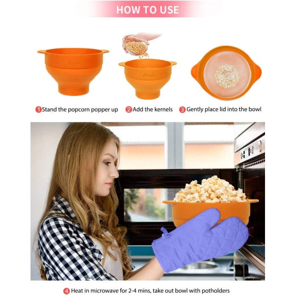 Popcorn Popper, Mikrobølgesikker, Silikone Popcorn Make, Orange