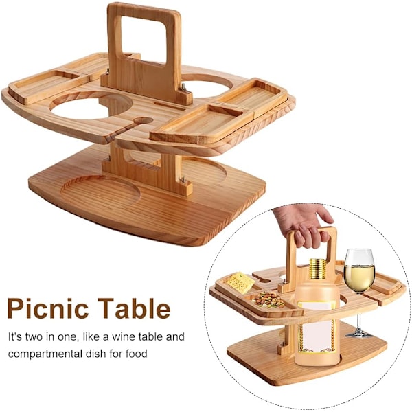Kompakt Picknickkompis, Portabelt Vinbord med Multifunktionell Design, Lätt att Fälla ihop för Snabb Uppställning, Hållbart Trämaterial, Ingen Montering