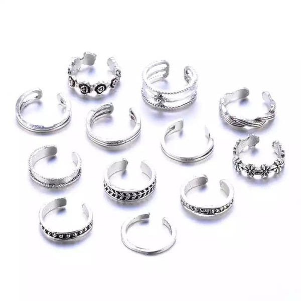 12-pack Boho Silver Ringit / Varvasrenkaat - Säädettävät Hopeiset