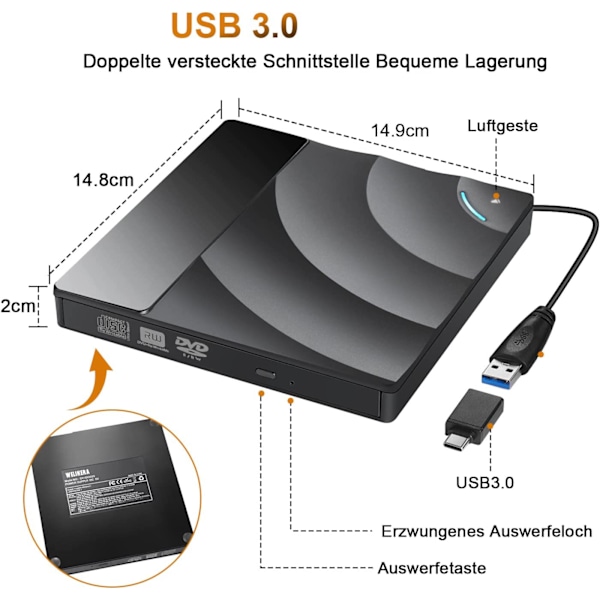 Bärbar DVD-enhet med förbättrad kompatibilitet, lätt att bära CD/DVD-brännare för bärbar dator, stationär dator, Mac, iOS, Windows, Linux