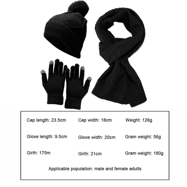 3 Stk Vintersæt - Hat Tørklædehandsker, fortykket strikket
