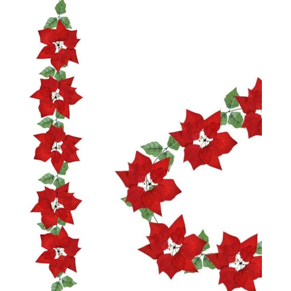 Julgirlang med sidenblad och julstjärnor, Festlig atmosfär Röda blommor 2 m lång Batteridriven Belyst Julstjärnegirlang för Jul