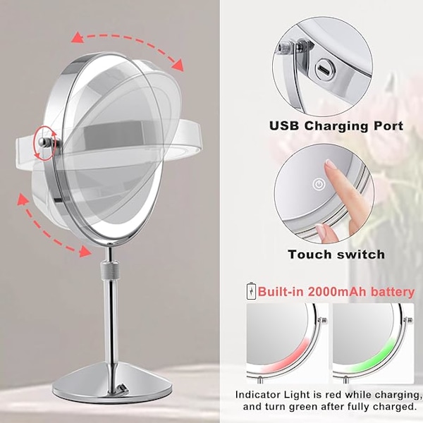 Elegant Sminklampa, Steglös Ljusstyrka Uppladdningsbar Sminkspegel med Belysning, 360 Graders Rotation för Optimal Visning, Kvalitetsmaterial Säkerställer