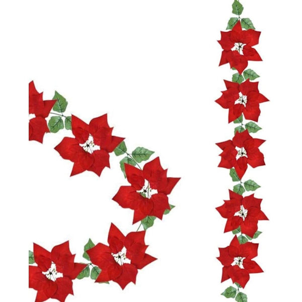 Julgirlang med sidenblad och julstjärnor, Festlig atmosfär Röda blommor 2 m lång Batteridriven Belyst Julstjärnegirlang för Jul