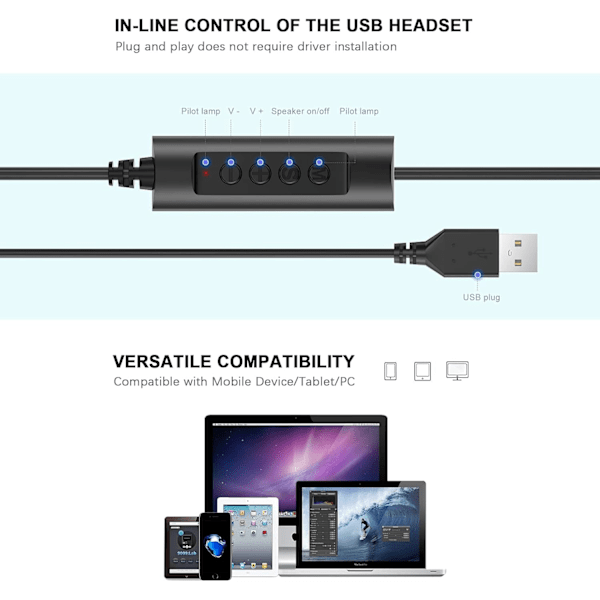 Plug and Play-headset, kristallklara samtal med brusreducerande mikrofon, lätt design och justerbart huvudband ger oöverträffad komfort