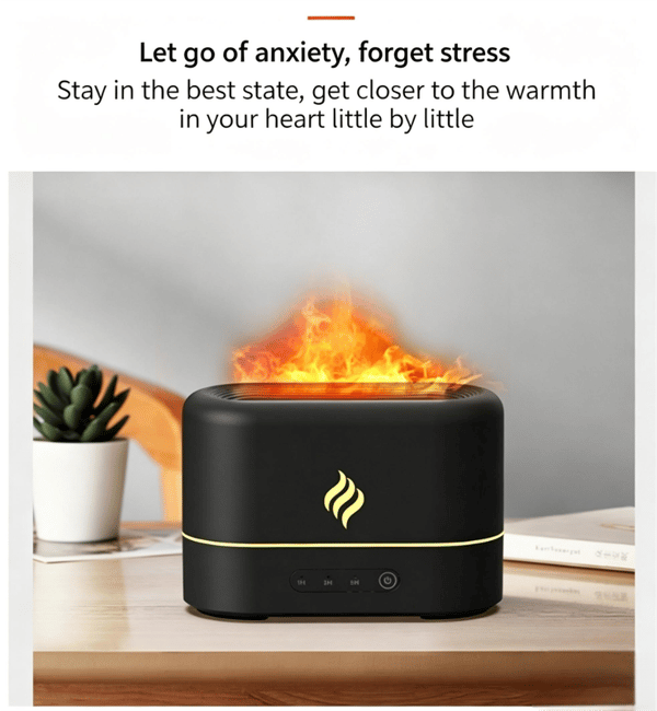 Syvfarvet Flamme Aromaterapi Diffuser med Realistisk Flammeeffekt og Luftfugter (Model 651)