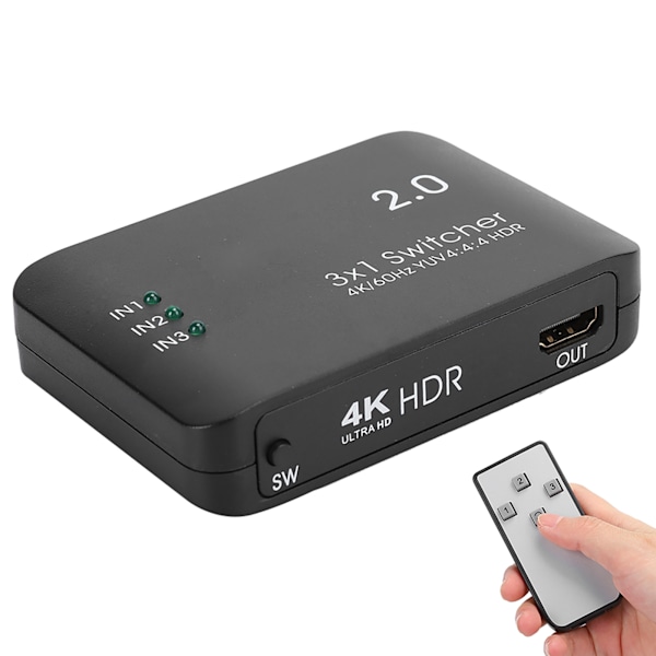 HDMI Switch Ultra HD, 3 Ingångar 1 Utgång Splitter Adapter, HDR & HDCP Stöd, 4K Högupplöst Multimediagränssnitt med HD IR Fjärrkontroll för