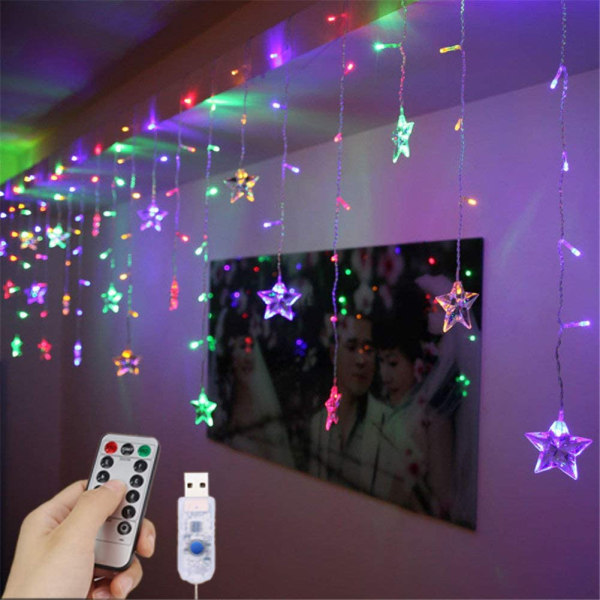 LED gardinlys, 1,5 mx 0,5 m, USB 48 LED, stjernelyskjede