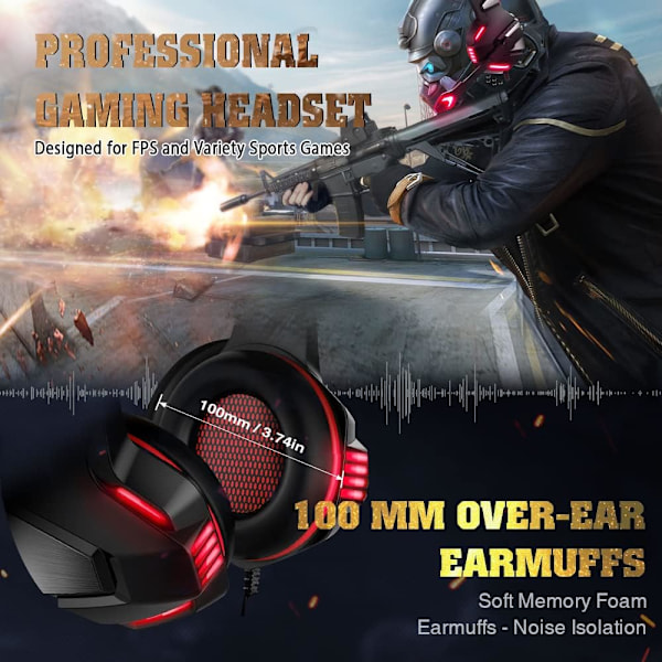 Professionellt Gaming Headset, Brusreducerande Mikrofon för PC PS4 PS5 Xbox One med Responsiva Ljuddrivrutiner, Mjuka Öronkuddar med Minnesskum för Multiplattform