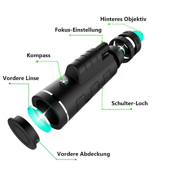 Visionär Resa, 40x60 Monokulärt Teleskop med Stativ, Högupplöst Mörkerseende för Friluftsentusiaster, Vattentätt och Kompatibelt med Smartphones