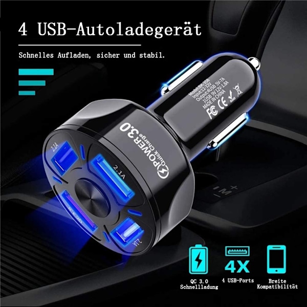 QC3.0 Snabb Billaddare Adapter, 4 USB-Portar för Flera Enheter, Brandsäkert Material Säkerställer Säkerhet, Bred Kompatibilitet för Alla Dina Prylar,