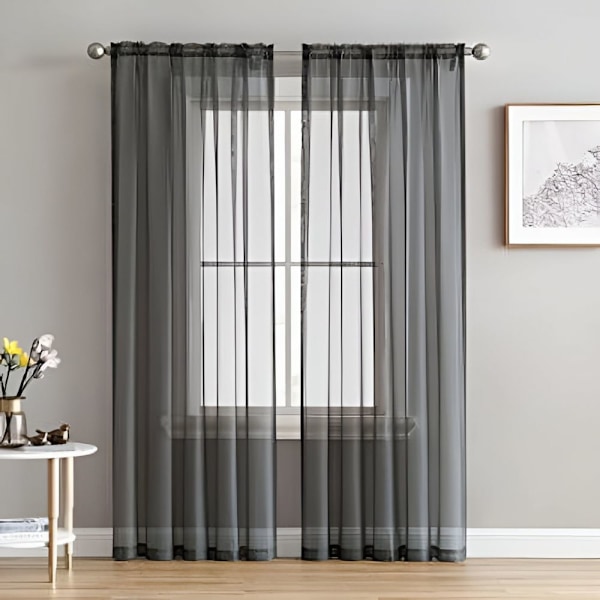 samimport-2 11 mörkgrå enfärgade skira voilegardiner, 140 cm x 213 cm (2 paneler)
