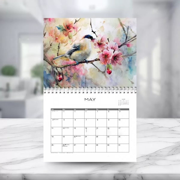 Kalender 2025, elegant design, fågeltryck, 29x22x3cm