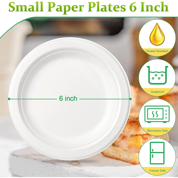 Papperstallrikar 15 cm, 100-pack papperstallrikar i bulk, 100% komposterbara engångstallrikar, små papperstallrikar för dessert, kaka, aptitretare, vita