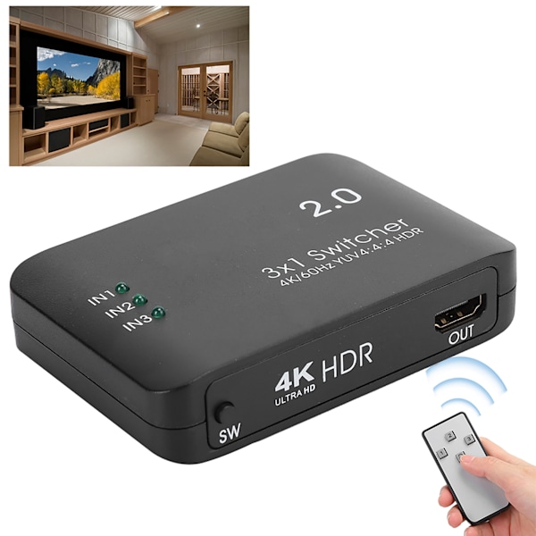 HDMI Switch Ultra HD, 3 Ingångar 1 Utgång Splitter Adapter, HDR & HDCP Stöd, 4K Högupplöst Multimediagränssnitt med HD IR Fjärrkontroll för
