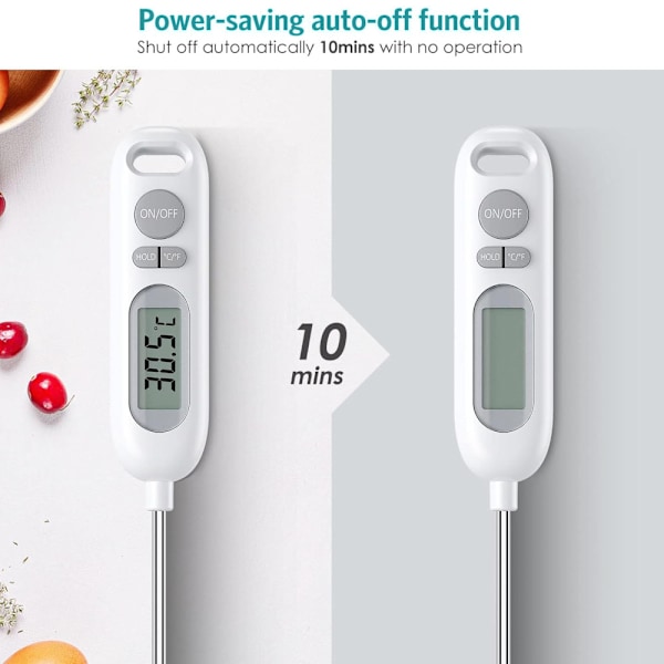 Ammattimainen ruoan lämpömittari, 1 sekunnin lukeminen, ruostumattomasta teräksestä valmistettu anturi, 1 asteen tarkkuus, vedenkestävä, magneettinen, tukikotelo, automaattinen sammutus, valkoinen