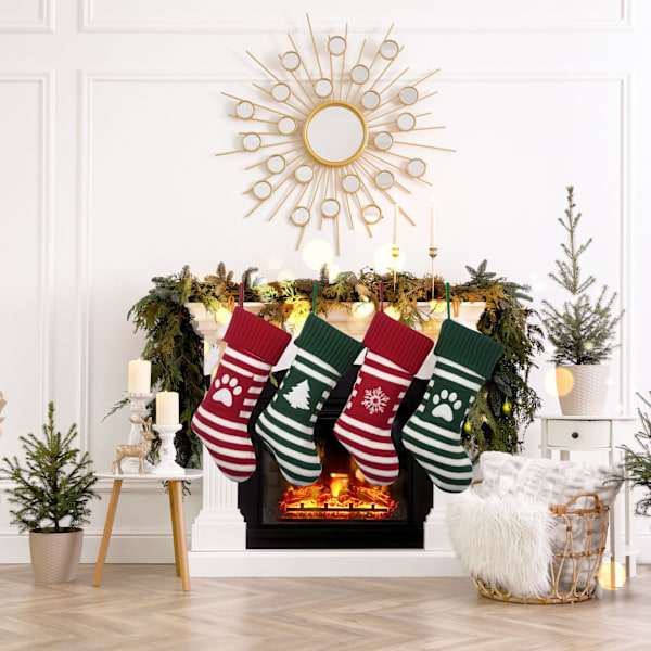 Fridja 46 cm Stor Julstrumpa Stickad Julgransmönster Julstrumpor för Familjen Bondgård Randig Julstrumpa Juldekorationer