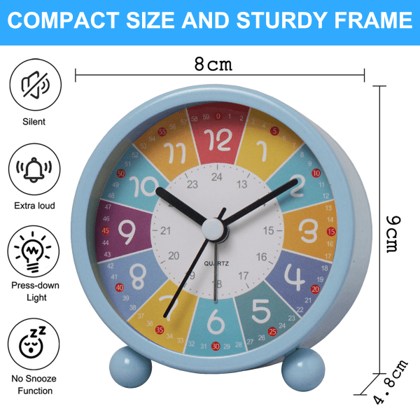 Barnealarmklokke, analog alarmklokke uten tikking, læringsalarmklokke barneklokke kvartsalarmklokke, barnas alarm