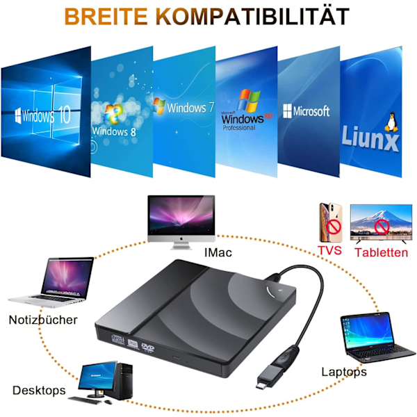 Bärbar DVD-enhet med förbättrad kompatibilitet, lätt att bära CD/DVD-brännare för bärbar dator, stationär dator, Mac, iOS, Windows, Linux
