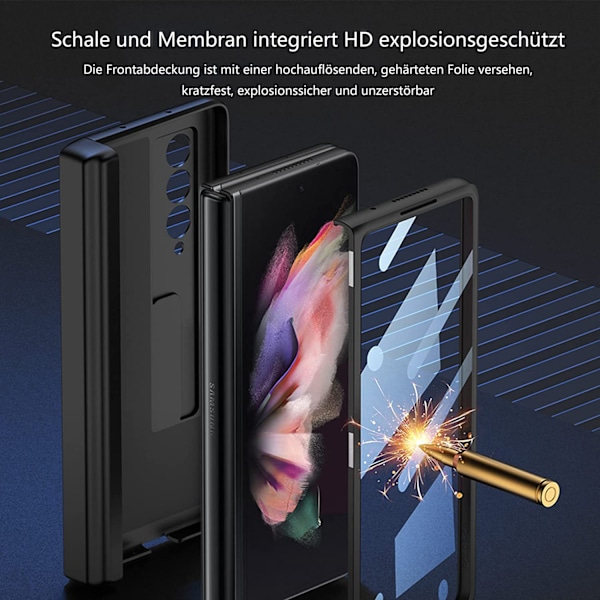 Galaxy Z Fold 3 Skal, Pennhållare, Läder på Baksidan, Magnetiskt Gångjärnsskydd, Stöd för Trådlös Laddning för Samsung Galaxy Z Fold 3 5G (Guld)