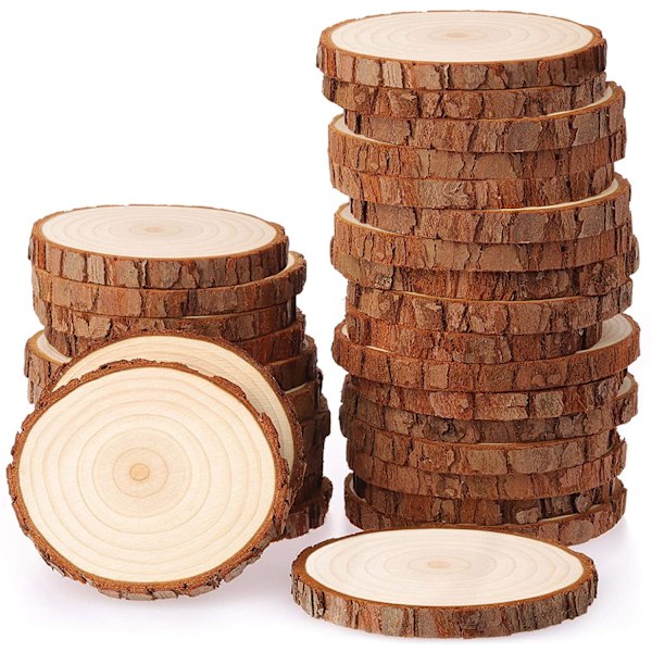 Träcirklar med bark, naturligt obehandlat furuträ för ditt nästa DIY-projekt, garanterad jämnhet, inga borrade hål, idealiska för julgransprydnader