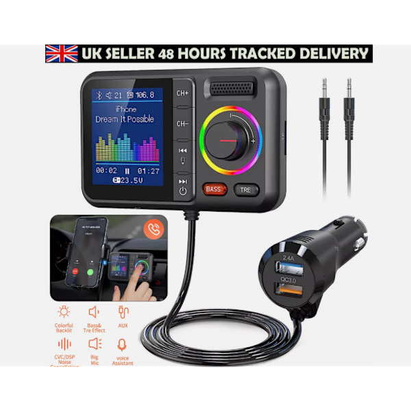 Bil FM Trådløs Bluetooth Transmitter MP3 Afspiller USB Hurtig Oplader Adapter UK Bil FM Trådløs Bluetooth Transmitter MP3 Afspiller USB Hurtig Oplader Adapter