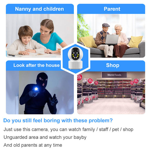 Inomhus WiFi-kamera, säkerhetssystem med 2K fullfärgs mörkerseende, enkel ettknappssamtal, rörelsedetektering & spårning, stöder SD-kort & moln