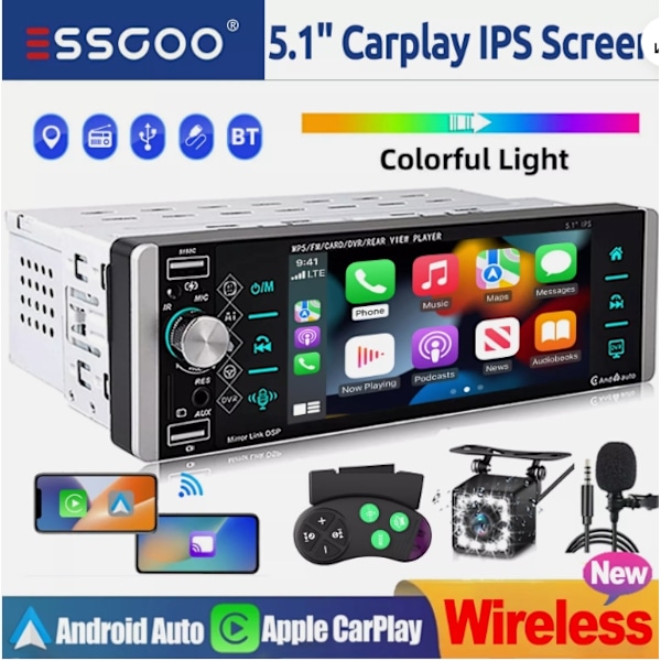 Yksittäinen DIN 5\" Autoradio Langaton Apple CarPlay Android Auto Bluetooth USB