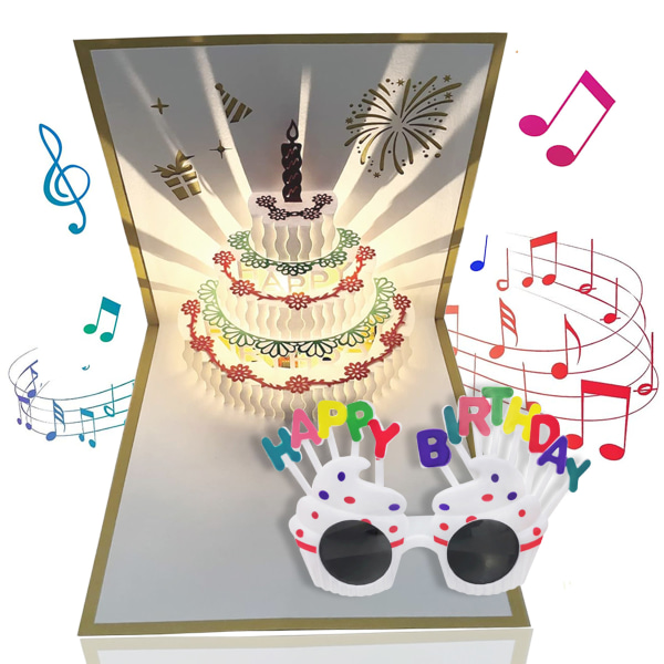 3D-bursdagskort, Auto Play Musikk Varmt LED-lys Bursdagskakekort, Musikk-gratulasjonskort Style 1