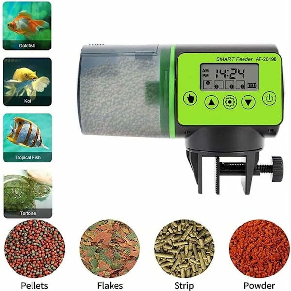 Fiskmatare med Programmerbar Timer, Tyst & Pålitlig för Akvarium & Damm, Uppladdningsbar via USB, Fuktbeständig Behållare för Flingor &