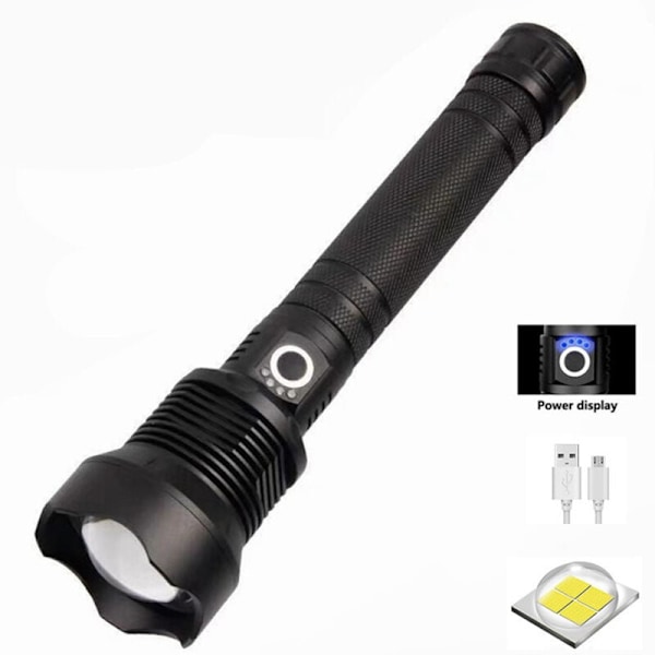 Hög Lumen, USB-uppladdningsbar med effektvisningsfunktion, för nödsituationer utomhus, uppladdningsbara LED-ficklampor, superljusa ficklampor