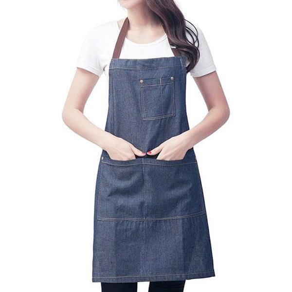 Denimförkläde, Unisex Justerbart Haklappsförkläde med 3 Fickor