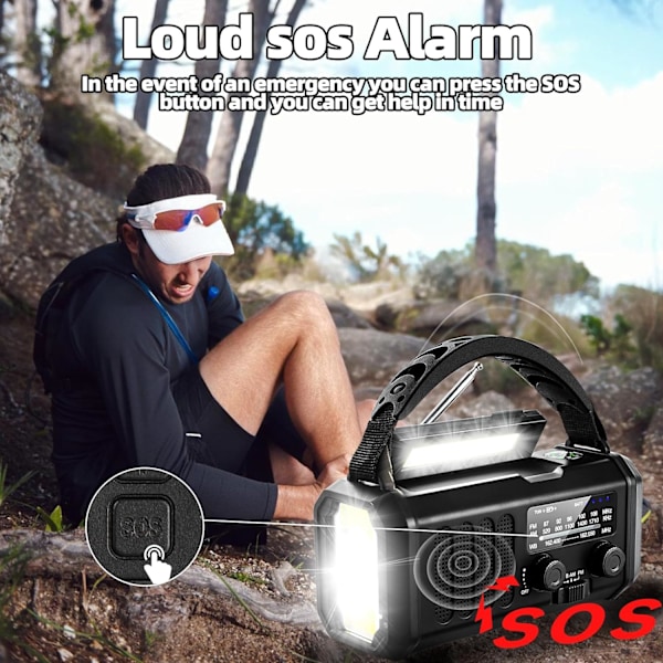10000mAh/37000mWh AM/FM Nödradio med Vev, LED-ficklampa, Solradio, Portabel Väderradio, Telefonladdare