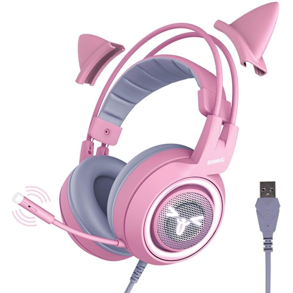 Förtjusande trådlösa gaminghörlurar med kattöron, rosa avtagbar brusreducerande mikrofon, virtuellt surroundljud och komfort