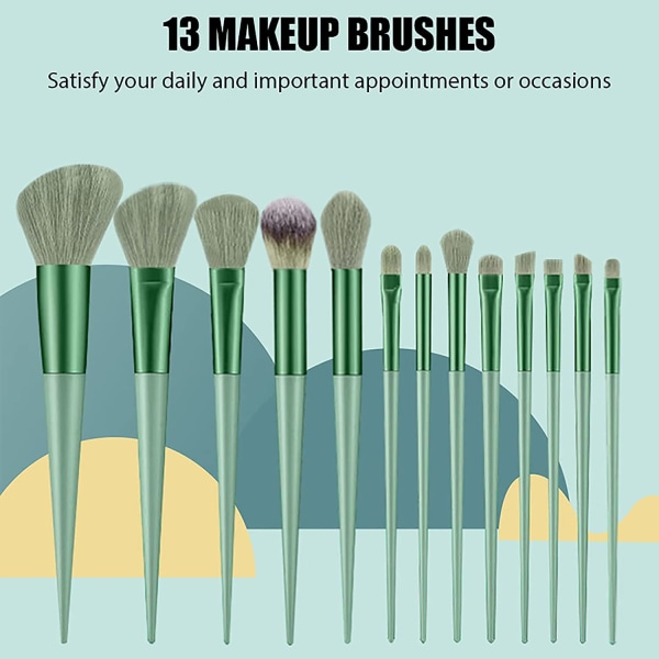 Makeup Børster 13 Stk Sæt Med Taske, Grøn