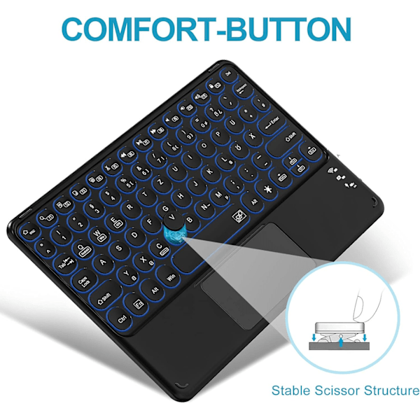 Trådlöst tangentbord med ergonomisk design, 7-färgs bakgrundsbelyst pekplatta för iPad, Surface och andra enheter