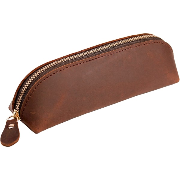 Læder lynlås Pen Case Pouch Holder Taske - Vintage Brun