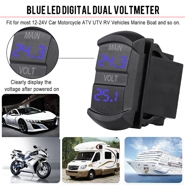 Digital voltmeter i vippströmbrytarstil med dubbel batteripaketövervakning och vattentät yta