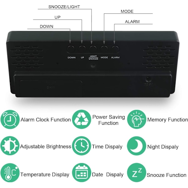 Digitaalinen herätyskello, suuri LED-näyttö, peilipintainen kello torkkutoiminnolla ja USB-latausliitännällä, säädettävä kirkkaus herätyskello