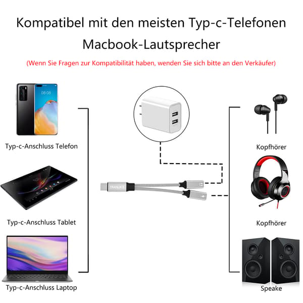 USB C adapter hodetelefoner og lading, USB C splitter 2 USB C, 2 i 1