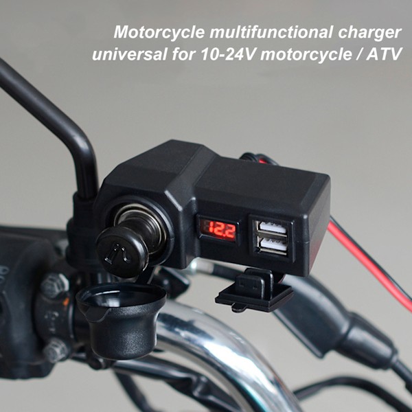 Motorcykel Telefonoplader Multifunktionel Dobbelt USB Adapter 10‑24V med Rød Digital Display Voltmeter til ATV