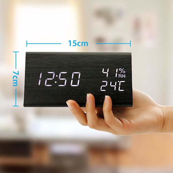 Wake Up Artisan, Unik väckarklocka i trä med dimbar display, flera alarm, temperatur- och fuktighetssensor för alla rum, Svart