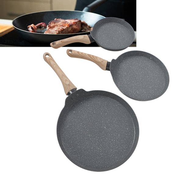 3-delat Stekpanneset Grå 3 Storlekar Multifunktionell Maifan Sten Non-Stick med Trähandtag Pannkakspanna för Frukost