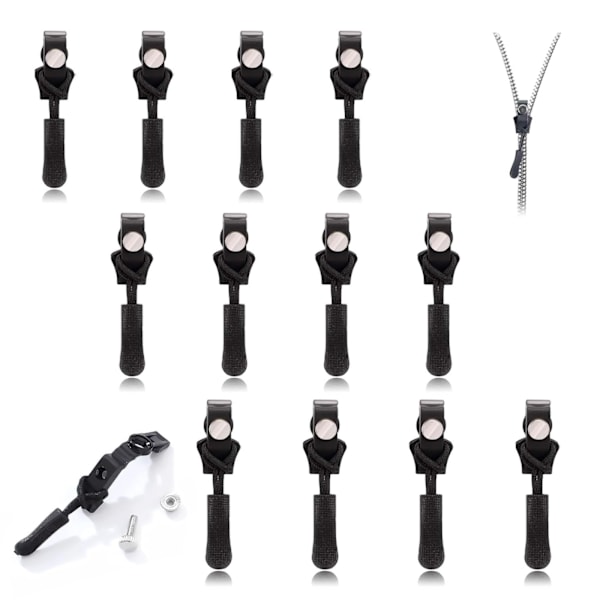 12 st Svarta Fix Zip Dragare, Ingen Verktyg Krävs Dragkedja Reparationssats, Avtagbara Nylon Spiral Dragkedjor Dragare för Jacka Bagage Ryggsäckar Resor Praktisk