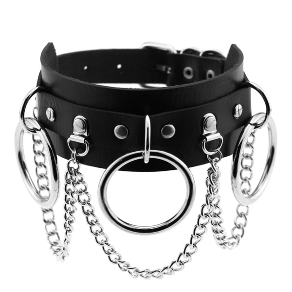 Läder Choker Metal Ring Chain Halsband, Justerbart Halsband