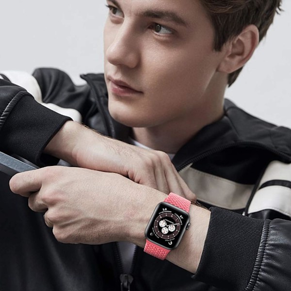 Bekväm, Stretchvävd Nylon Elastiskt Armband för Apple Watch Series 7 6 5 4 3 2 1 SE, Justerbart Flätat Enkelringsband i Elegant Rosa